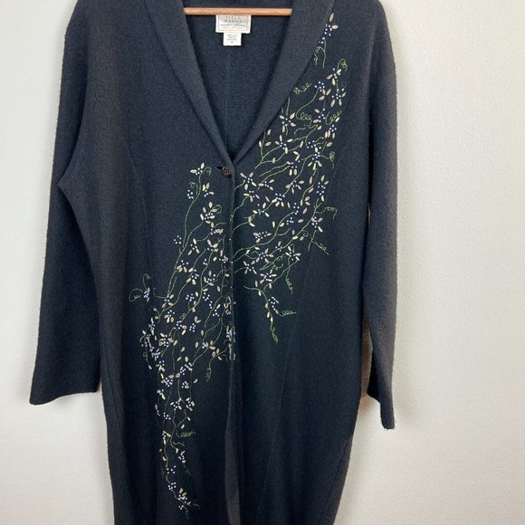 Field Manor Duster Cardigan Sweater M Black Embroidered Boiled 100% Wool Floral - Picture 3 of 10